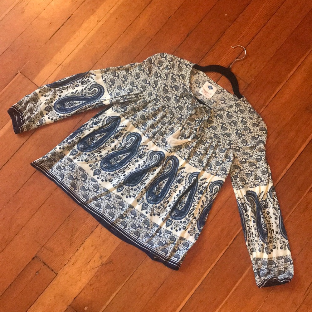 Long Sleeve Paisley Print Boho Tie Top Womens XS